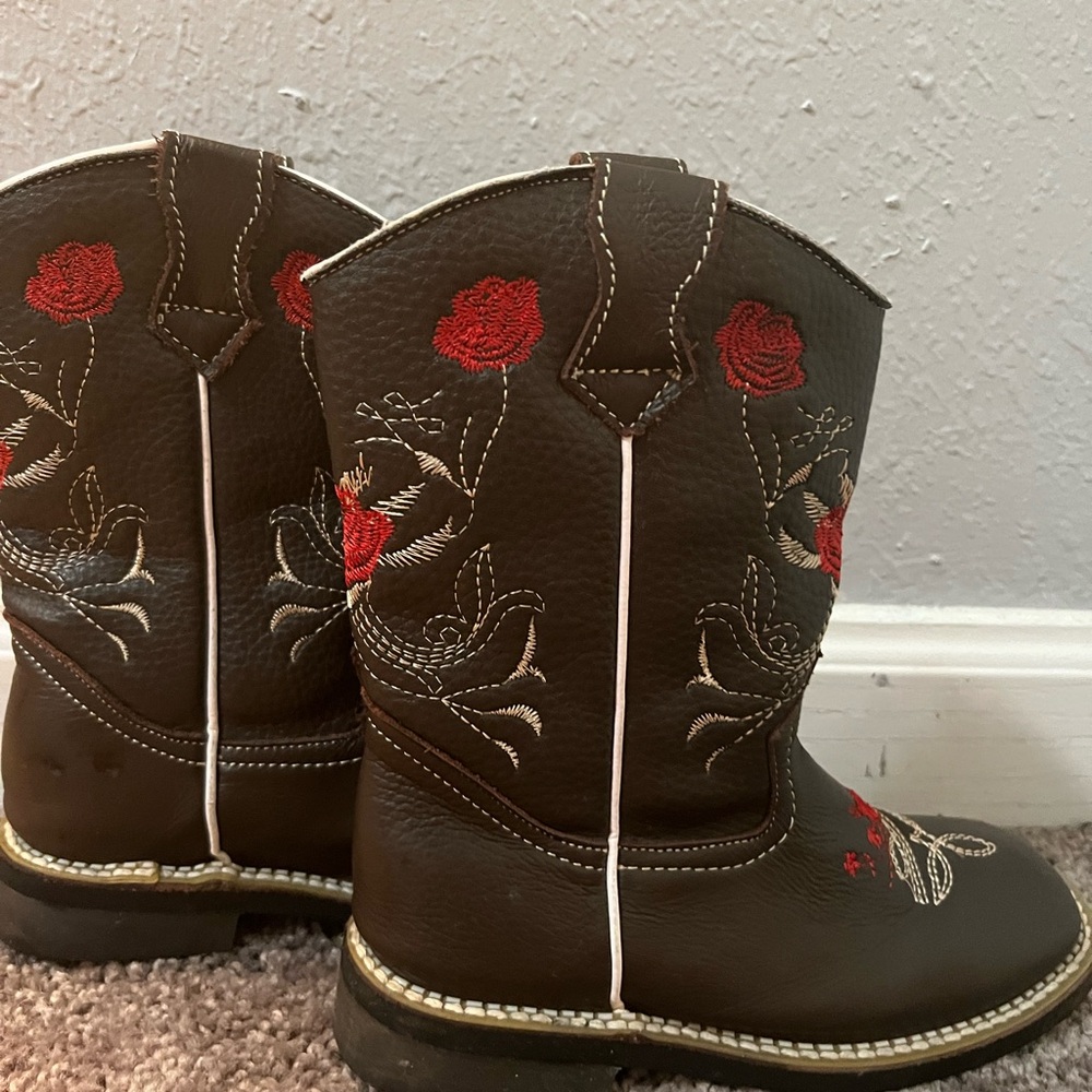 Brown Cowboy Boots with Red Floral Embroidery Girls sz 13